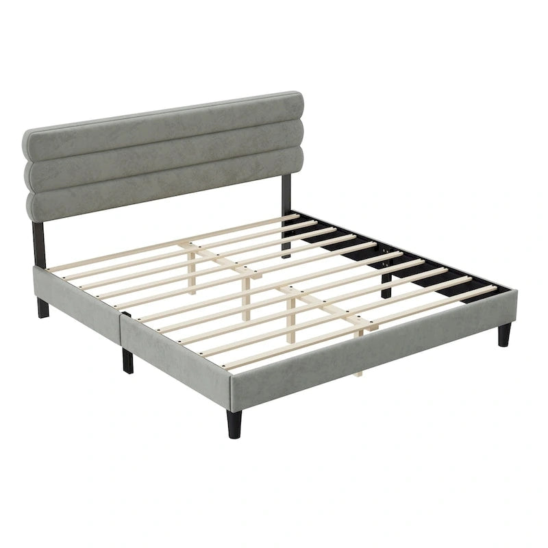 Cadre de lit King Size avec tête de lit, lit plateforme robuste avec support de lattes en bois et sans sommier tapissier