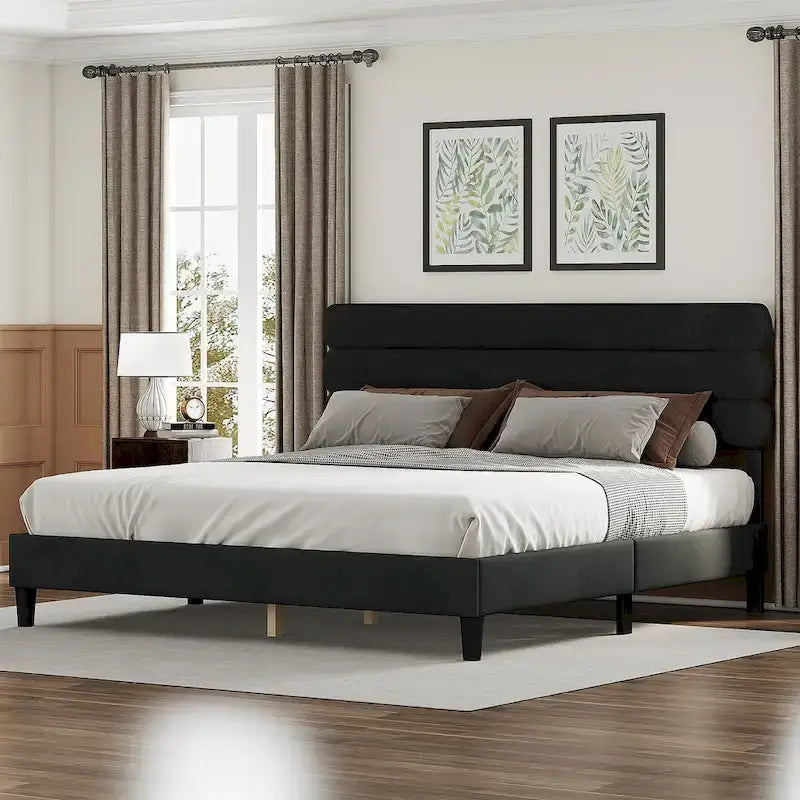 Cadre de lit King Size avec tête de lit, lit plateforme robuste avec support de lattes en bois et sans sommier tapissier