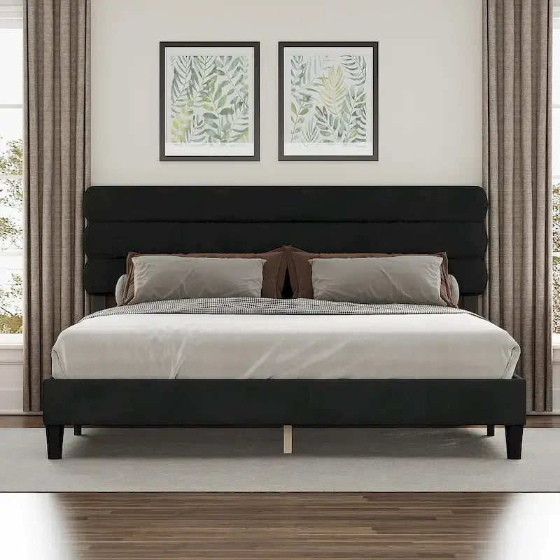 Cadre de lit King Size avec tête de lit, lit plateforme robuste avec support de lattes en bois et sans sommier tapissier