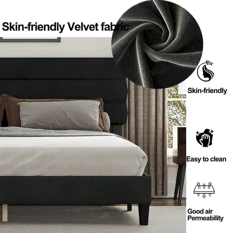 Cadre de lit King Size avec tête de lit, lit plateforme robuste avec support de lattes en bois et sans sommier tapissier