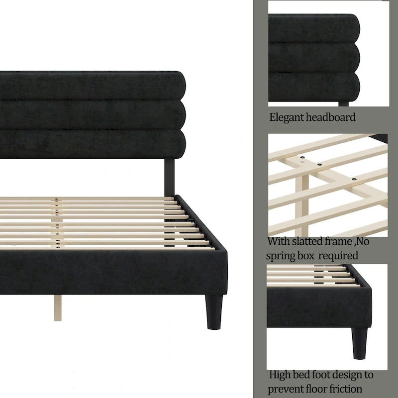 Cadre de lit King Size avec tête de lit, lit plateforme robuste avec support de lattes en bois et sans sommier tapissier