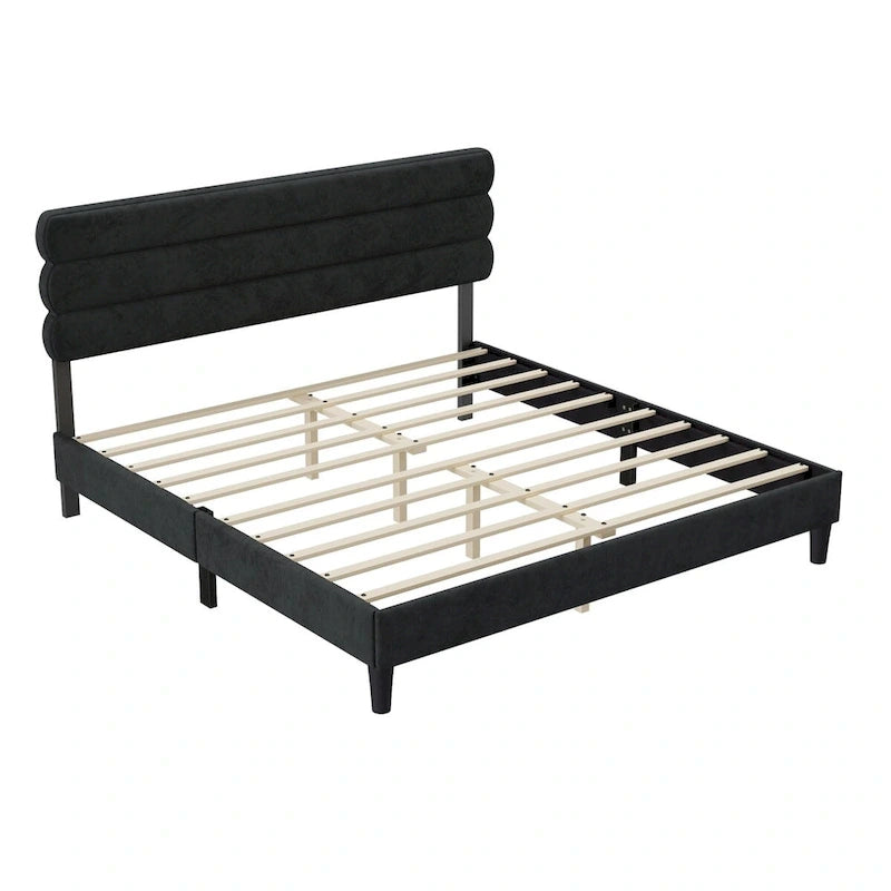 Cadre de lit King Size avec tête de lit, lit plateforme robuste avec support de lattes en bois et sans sommier tapissier