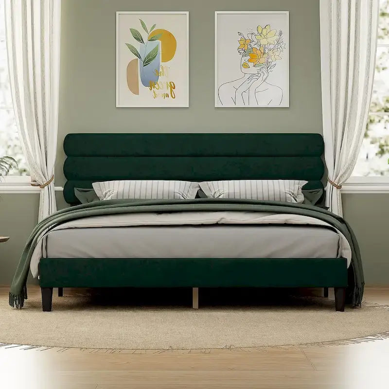 Cadre de lit King Size avec tête de lit, lit plateforme robuste avec support de lattes en bois et sans sommier tapissier