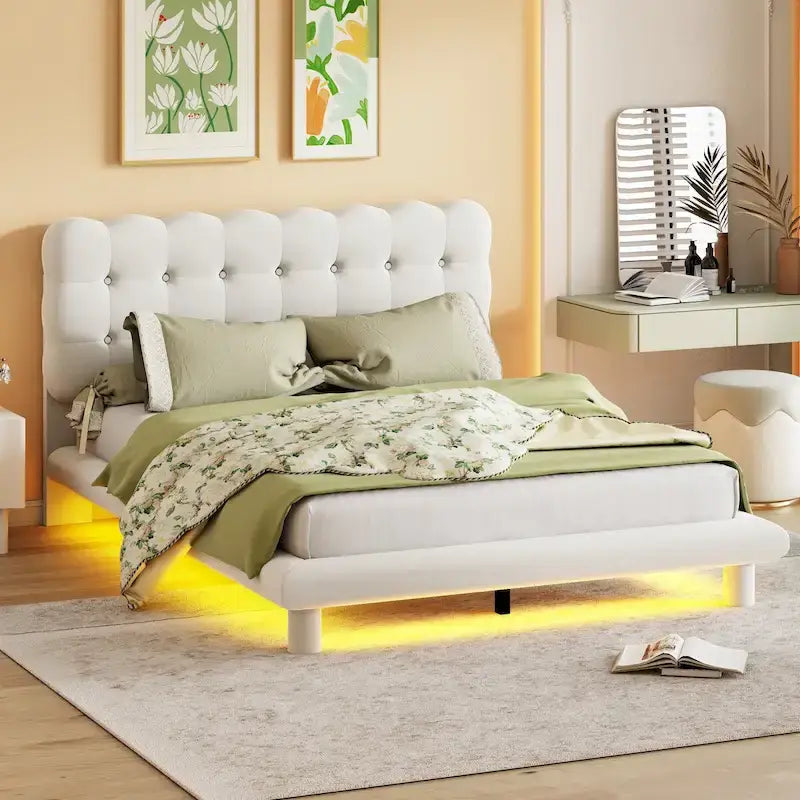 Lit plateforme queen size en velours Roomfitters avec cadre LED, tissu épais et doux et tête de lit capitonnée
