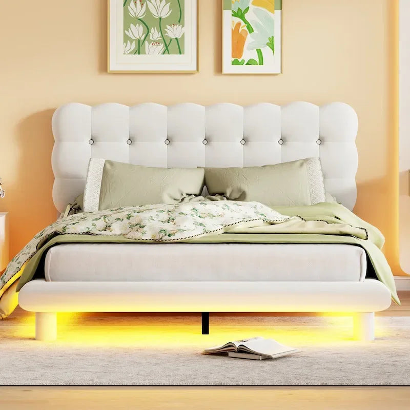 Lit plateforme queen size en velours Roomfitters avec cadre LED, tissu épais et doux et tête de lit capitonnée
