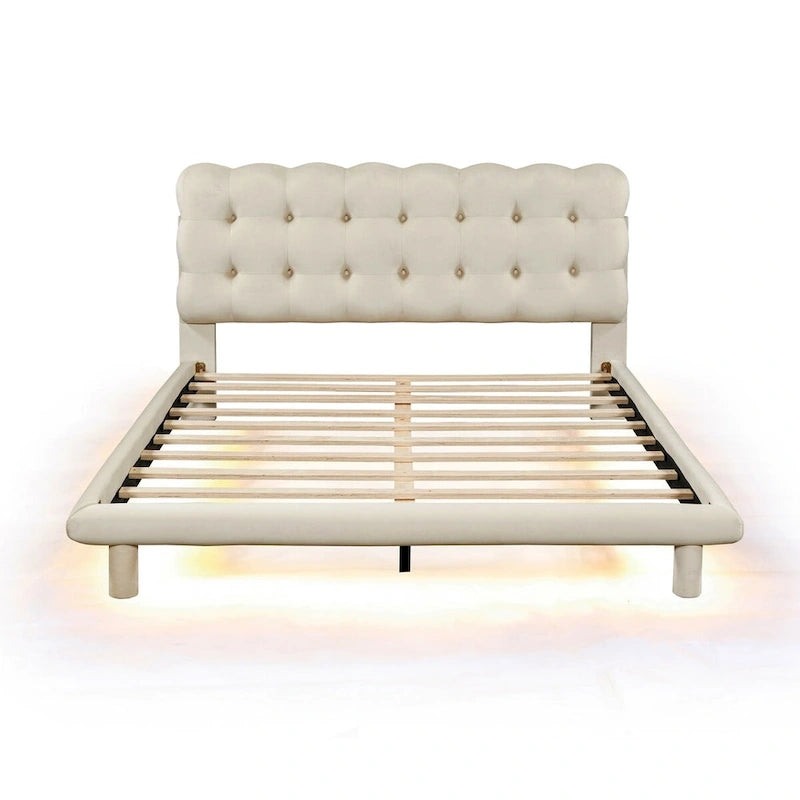 Lit plateforme queen size en velours Roomfitters avec cadre LED, tissu épais et doux et tête de lit capitonnée