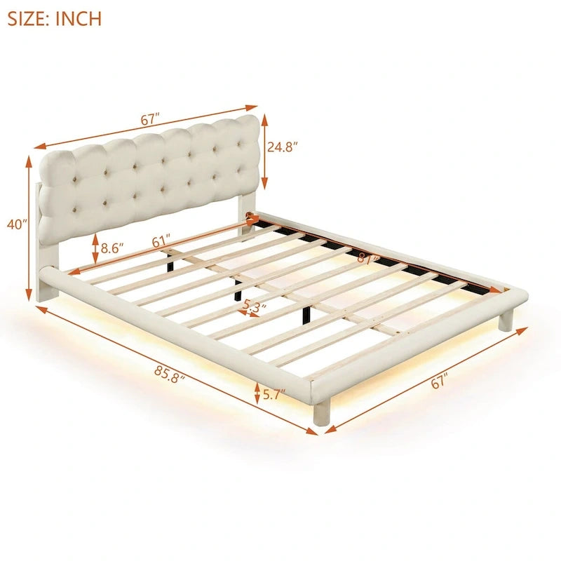 Lit plateforme queen size en velours Roomfitters avec cadre LED, tissu épais et doux et tête de lit capitonnée