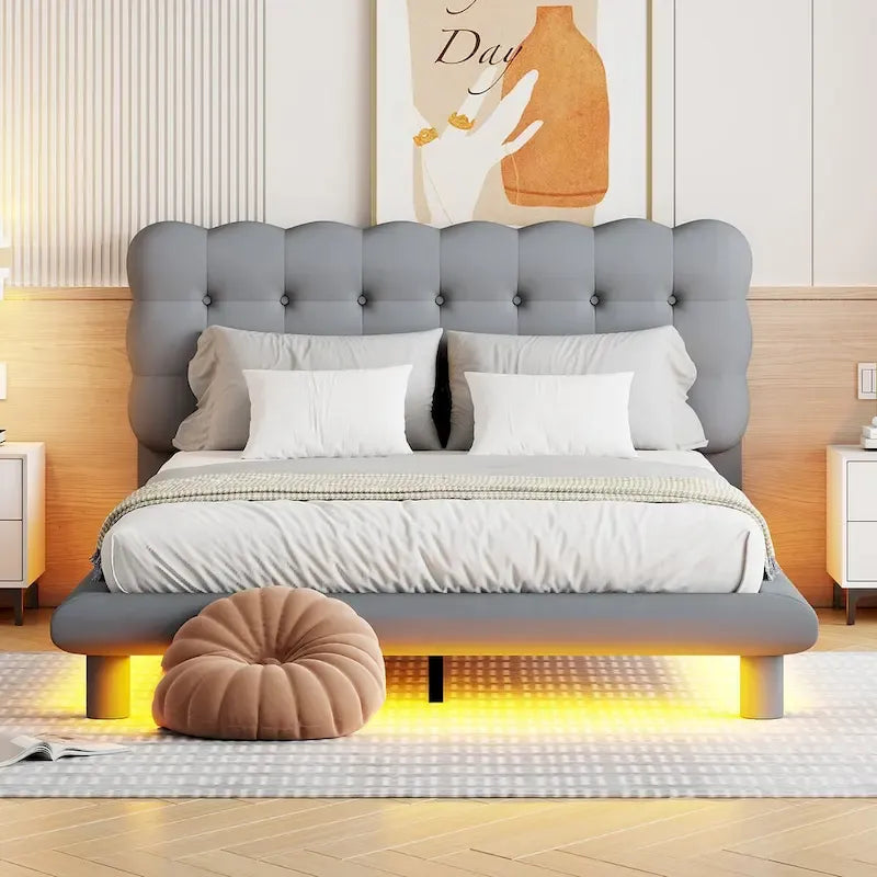 Lit plateforme queen size en velours Roomfitters avec cadre LED, tissu épais et doux et tête de lit capitonnée
