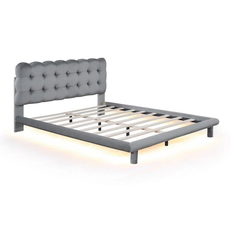 Lit plateforme queen size en velours Roomfitters avec cadre LED, tissu épais et doux et tête de lit capitonnée