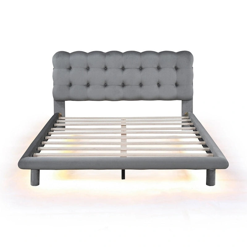 Lit plateforme queen size en velours Roomfitters avec cadre LED, tissu épais et doux et tête de lit capitonnée