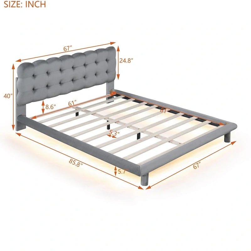 Lit plateforme queen size en velours Roomfitters avec cadre LED, tissu épais et doux et tête de lit capitonnée