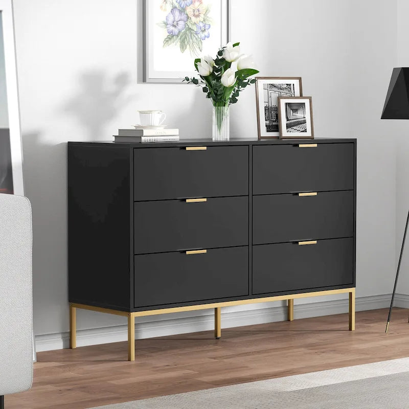 Commode double moderne à 6 tiroirs en bois noir Meuble de rangement pour chambre à coucher
