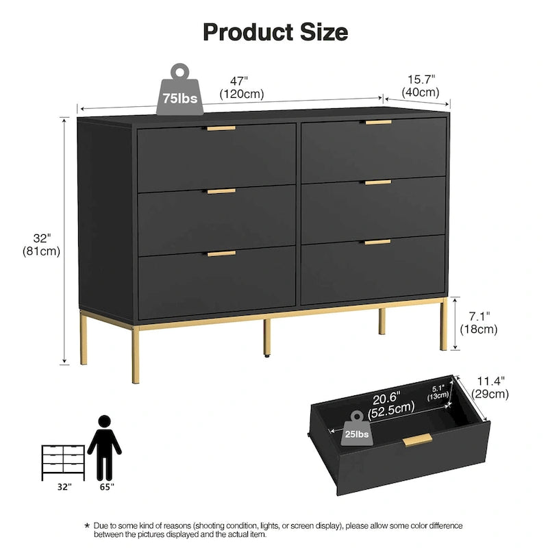 Commode double moderne à 6 tiroirs en bois noir Meuble de rangement pour chambre à coucher