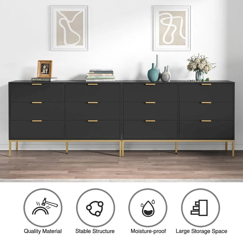 Commode double moderne à 6 tiroirs en bois noir Meuble de rangement pour chambre à coucher