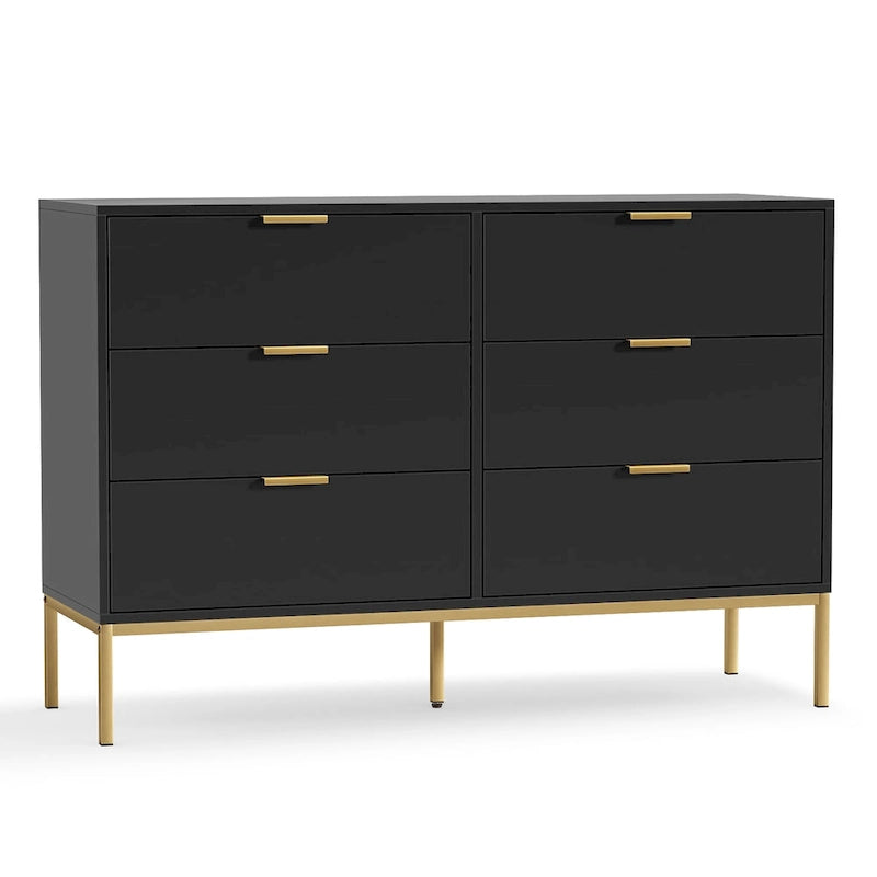 Commode double moderne à 6 tiroirs en bois noir Meuble de rangement pour chambre à coucher