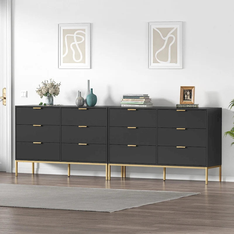 Commode double moderne à 6 tiroirs en bois noir Meuble de rangement pour chambre à coucher