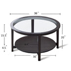Table basse de rangement moderne noire ronde en bois massif et plateau en verre de 36 po pour bureau et salon - 36 po L x 36 po l x 20 po H