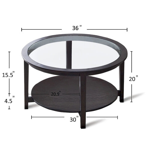 Table basse de rangement moderne noire ronde en bois massif et plateau en verre de 36 po pour bureau et salon - 36 po L x 36 po l x 20 po H