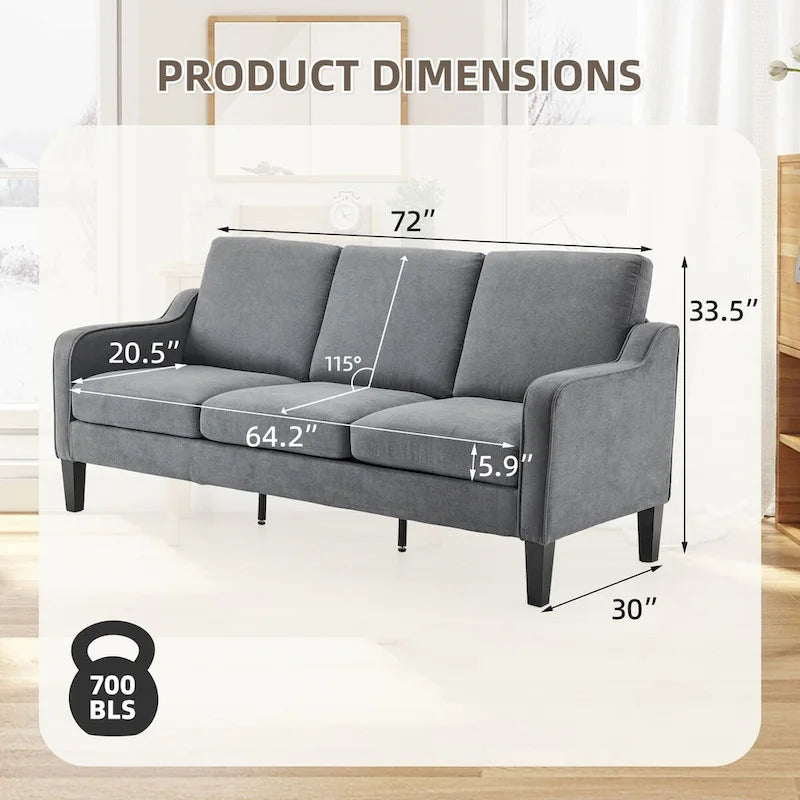 Canapé 3 places, canapé de salon de 72 po, canapé en tissu moderne avec 4 pieds en bois, 2 tiges de support en métal pour chambre à coucher