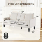 Canapé 3 places, canapé de salon de 72 po, canapé en tissu moderne avec 4 pieds en bois, 2 tiges de support en métal pour chambre à coucher