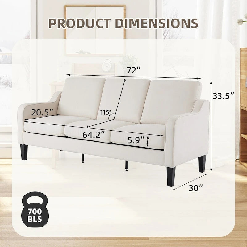 Canapé 3 places, canapé de salon de 72 po, canapé en tissu moderne avec 4 pieds en bois, 2 tiges de support en métal pour chambre à coucher