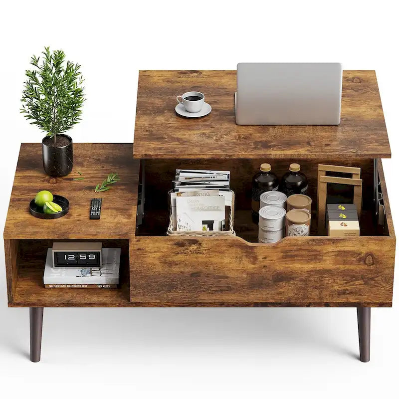 Tables basses de rangement en bois avec plateau relevable et compartiment caché, petite table à manger pour salon ou bureau