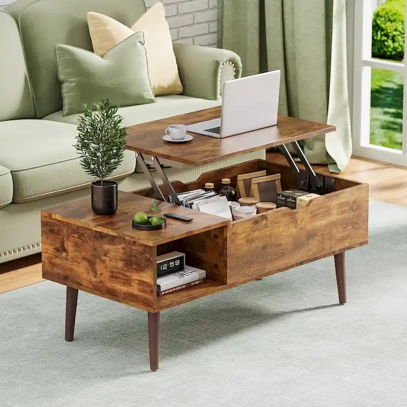 Tables basses de rangement en bois avec plateau relevable et compartiment caché, petite table à manger pour salon ou bureau