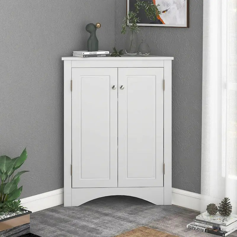 Meuble d'angle de salle de bain à 2 portes en bois avec étagères réglables (32 po)