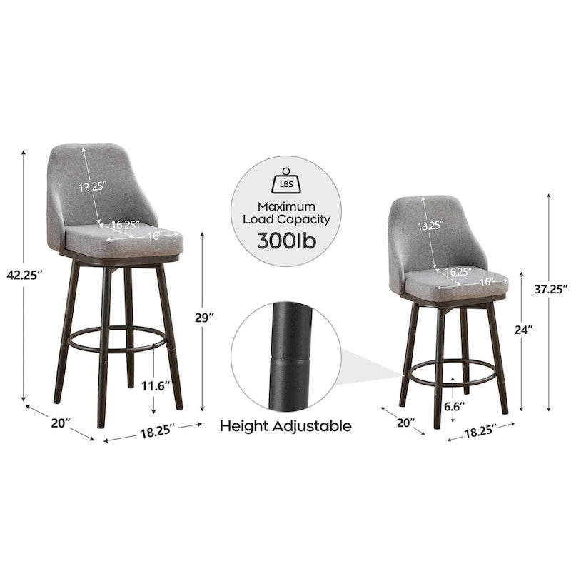 Tabourets de bar, lot de 2, chenille, réglables en hauteur, pivotants, avec dossier, pieds en métal, 61 à 74 cm, gris clair