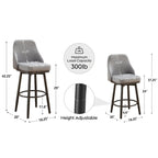 Tabourets de bar, lot de 2, chenille, réglables en hauteur, pivotants, avec dossier, pieds en métal, 61 à 74 cm, gris clair