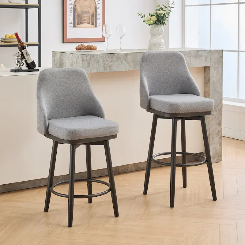 Tabourets de bar, lot de 2, chenille, réglables en hauteur, pivotants, avec dossier, pieds en métal, 61 à 74 cm, gris clair