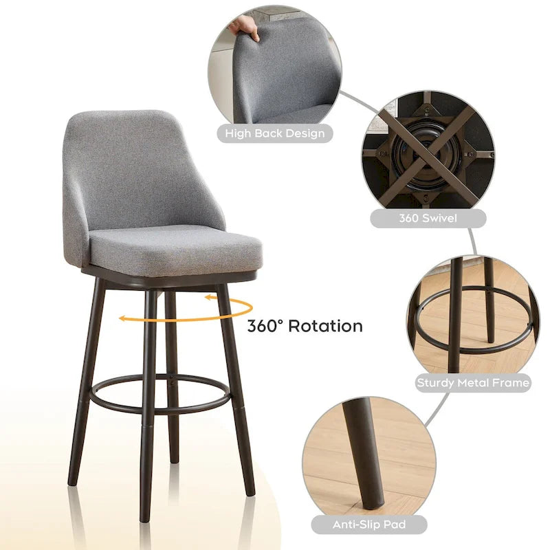 Tabourets de bar, lot de 2, chenille, réglables en hauteur, pivotants, avec dossier, pieds en métal, 61 à 74 cm, gris clair