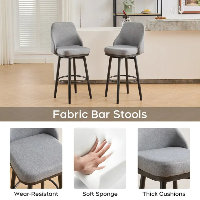 Tabourets de bar, lot de 2, chenille, réglables en hauteur, pivotants, avec dossier, pieds en métal, 61 à 74 cm, gris clair