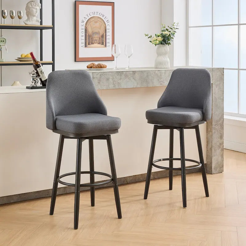 Tabourets de bar, lot de 2, chenille, réglables en hauteur, pivotants, avec dossier, pieds en métal, 61 à 74 cm, gris clair