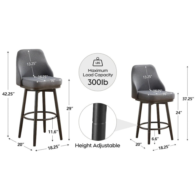 Tabourets de bar, lot de 2, chenille, réglables en hauteur, pivotants, avec dossier, pieds en métal, 61 à 74 cm, gris clair