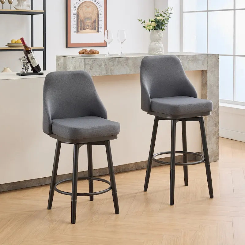 Tabourets de bar, lot de 2, chenille, réglables en hauteur, pivotants, avec dossier, pieds en métal, 61 à 74 cm, gris clair