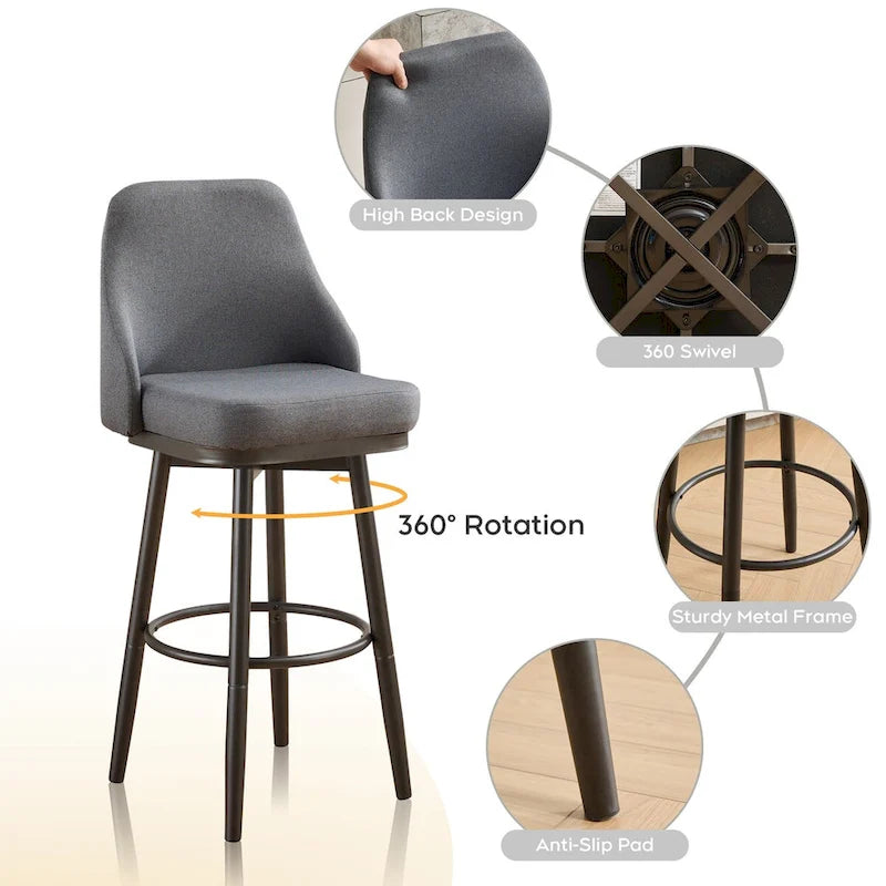 Tabourets de bar, lot de 2, chenille, réglables en hauteur, pivotants, avec dossier, pieds en métal, 61 à 74 cm, gris clair