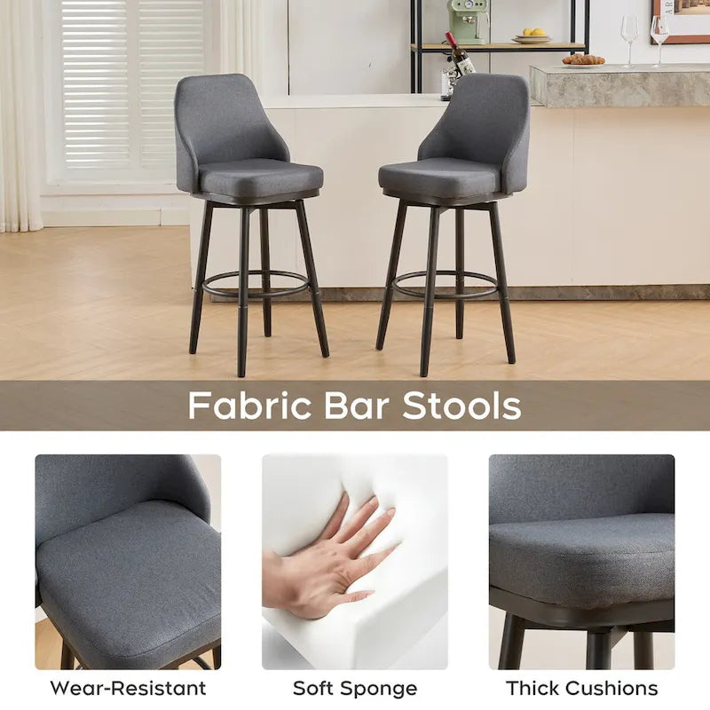 Tabourets de bar, lot de 2, chenille, réglables en hauteur, pivotants, avec dossier, pieds en métal, 61 à 74 cm, gris clair