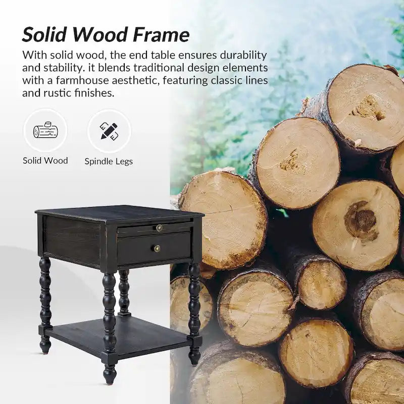 Eric Traditionnel 26 po. Table de bout en bois massif avec port USB, lot de 2 par