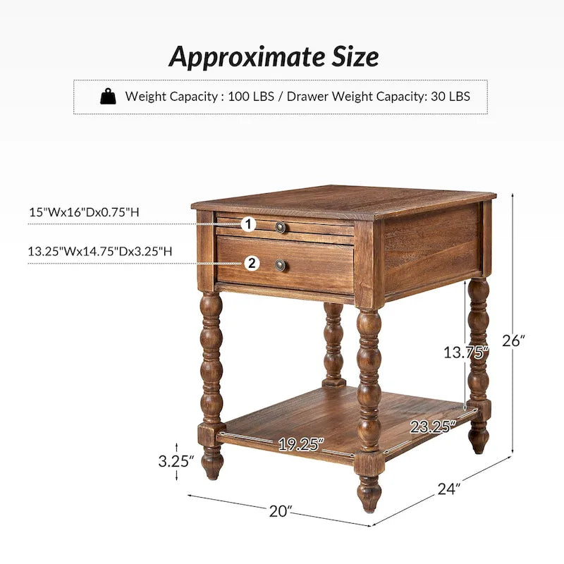 Eric Traditionnel 26 po. Table de bout en bois massif avec port USB, lot de 2 par